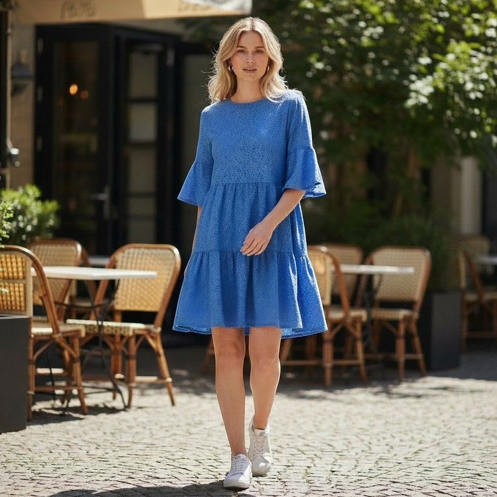 Xtraordinary Tiered Dress Womens Medium Blue Eyelet Ruffle Knit Chic Bell Sleeve